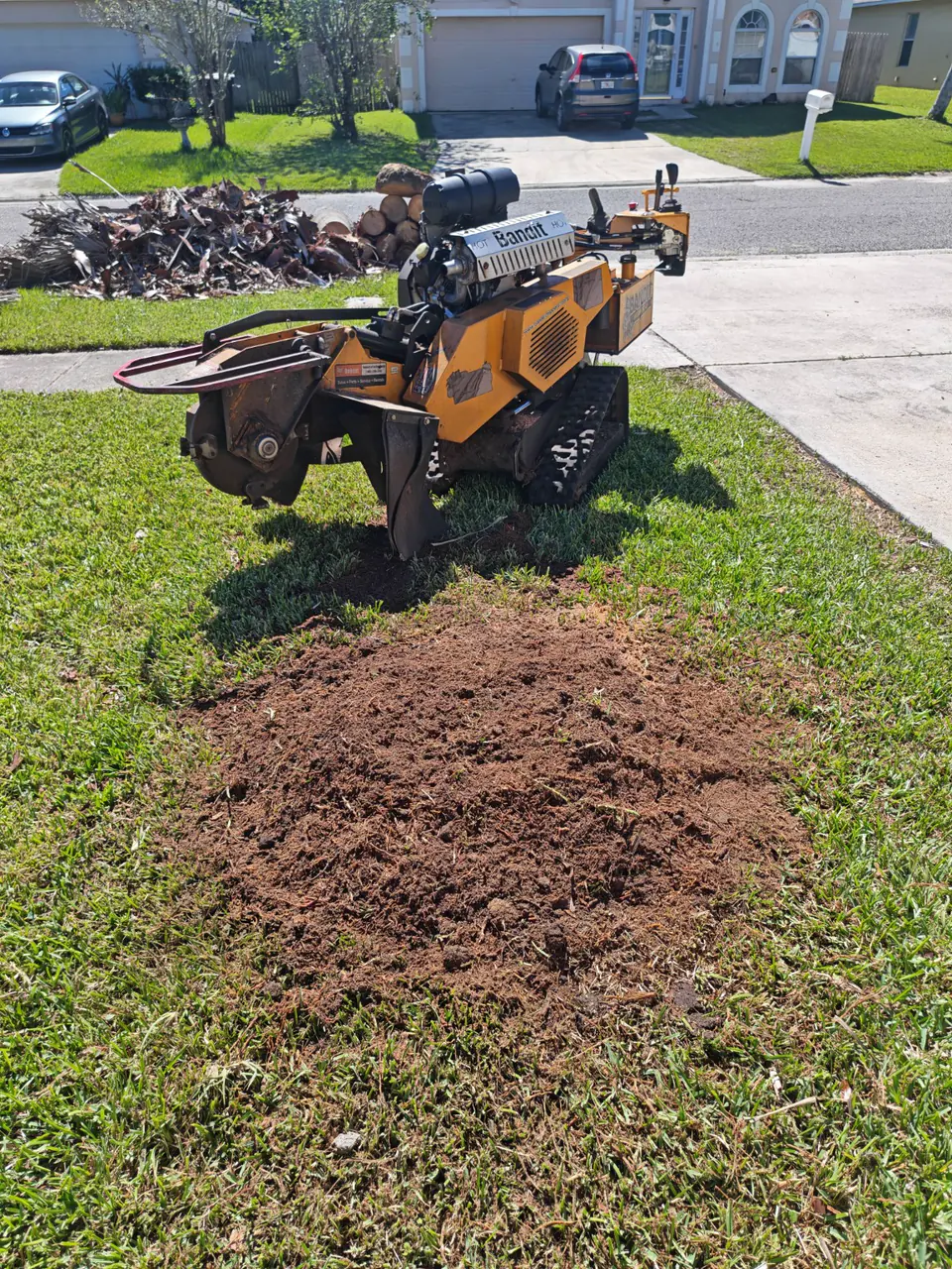 Wood chips and ground area after grinding beside a driveway
