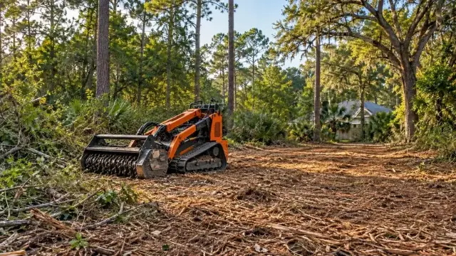 Service illustration: a compact stand-on mini loader with a brush mulcher